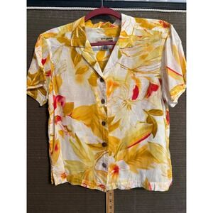 Sunset Cove Vintage Floral Tropical Cotton Button Up Shirt Yellow Petite Medium
